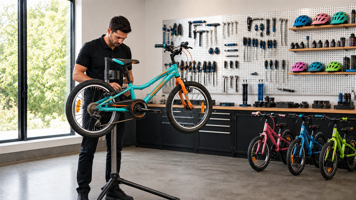 Technician repairing a kids' bike at the Scootermotion shop
