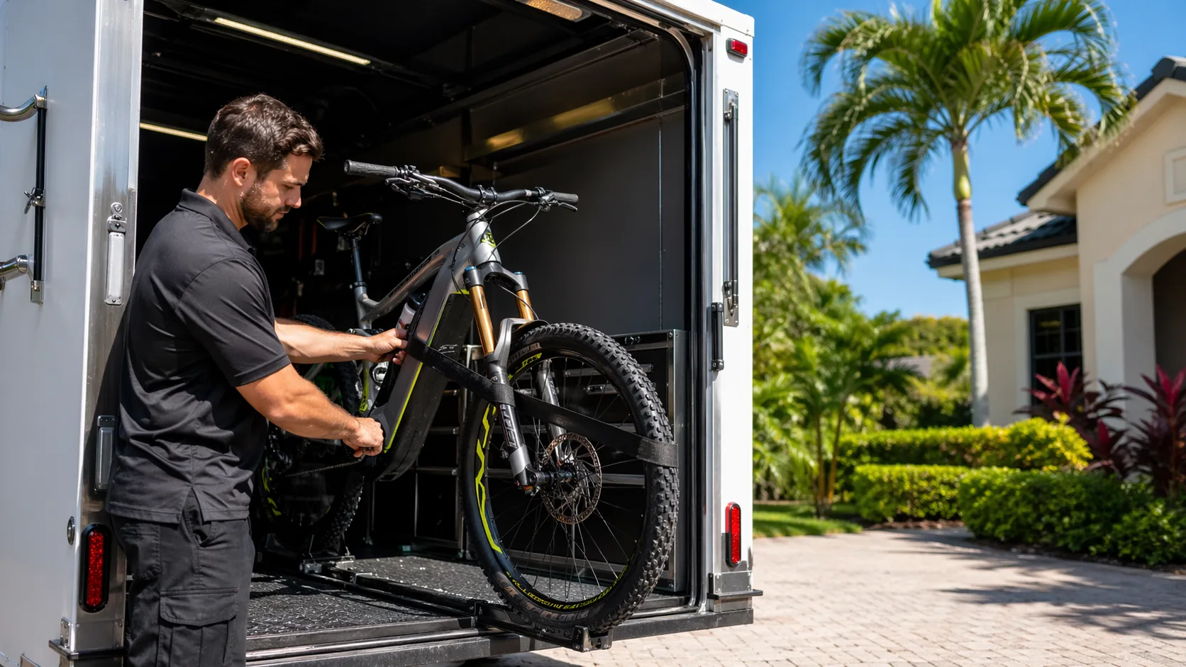 Scootermotion technician carefully carefully loading a customer's high-end ebike for transport from a Florida driveway with palm trees in the background
