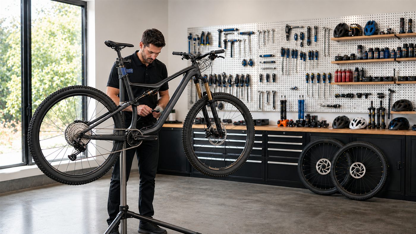 Scootermotion technician servicing a mountain bike in our repair shop