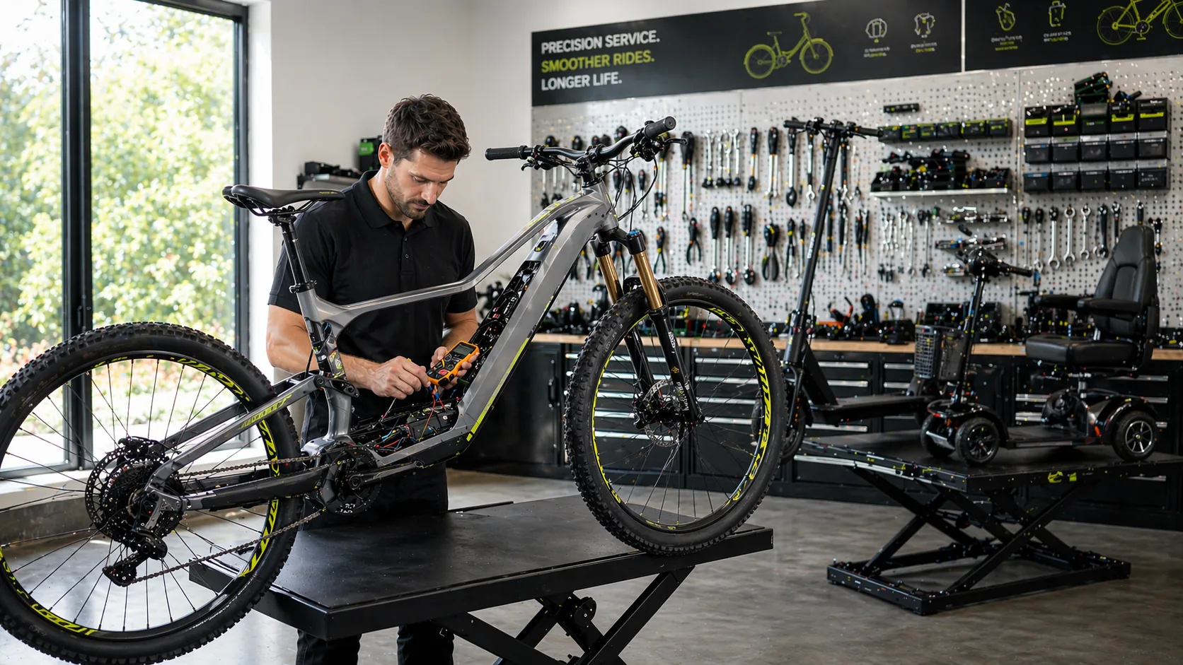 Scootermotion technician working on a high-end ebike in a fully-tooled professional shop, motor and drivetrain exposed, brand wall sign reading Precision Service Smoother Rides Longer Life