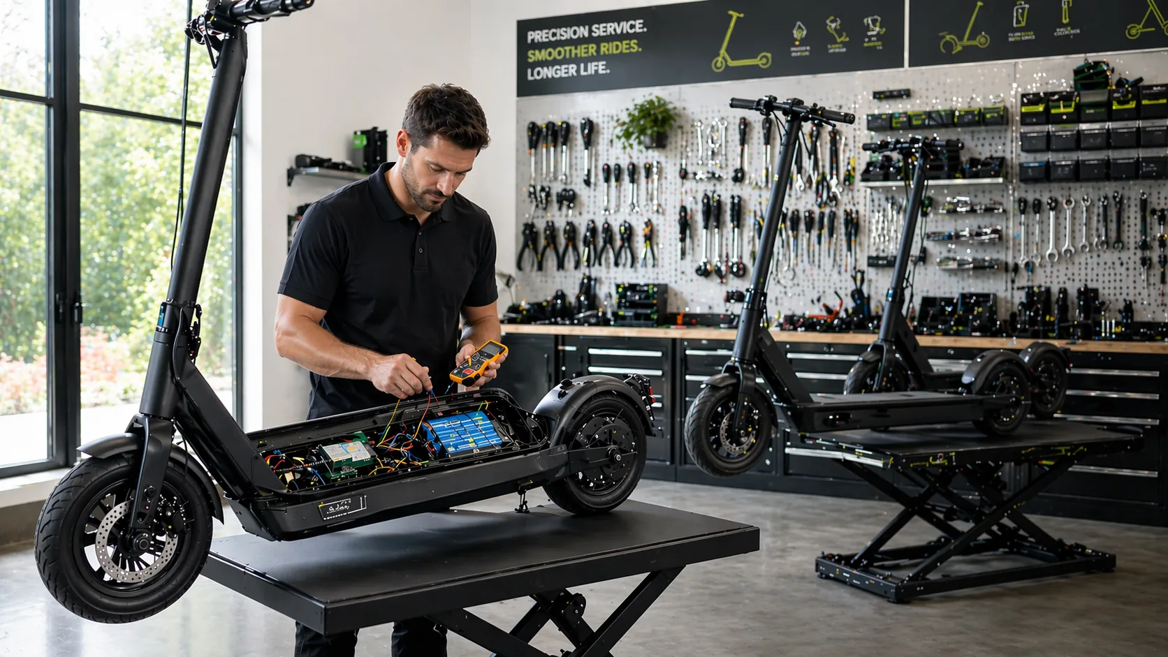 Scootermotion technician diagnosing an electric scooter with a multimeter, battery compartment open to show controller and battery pack, professional tool wall in background