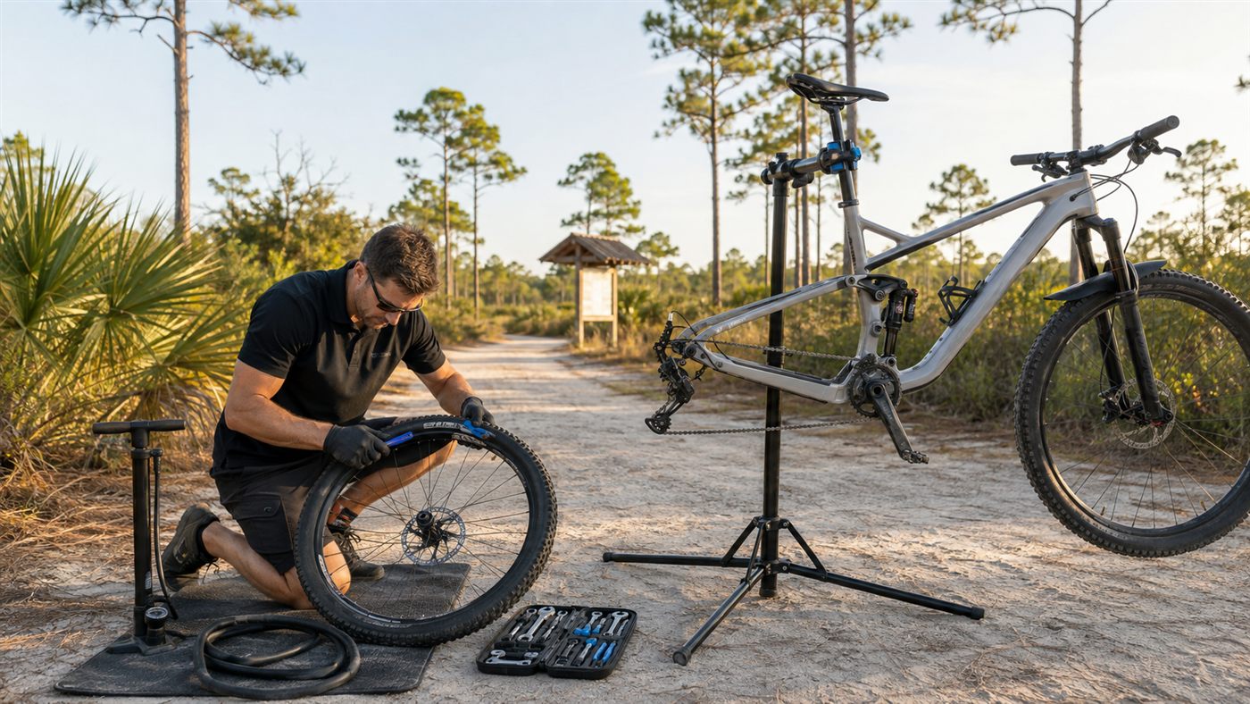 Scootermotion technician fixing a mountain bike flat tire trailside at Jonathan Dickinson State Park