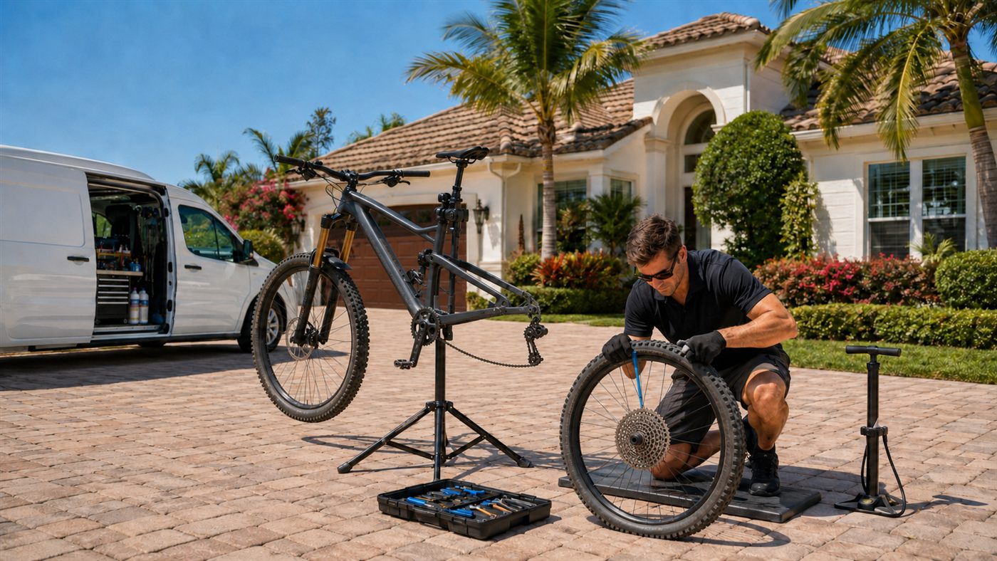 Scootermotion technician fixing a bicycle flat tire on the spot in a customer driveway