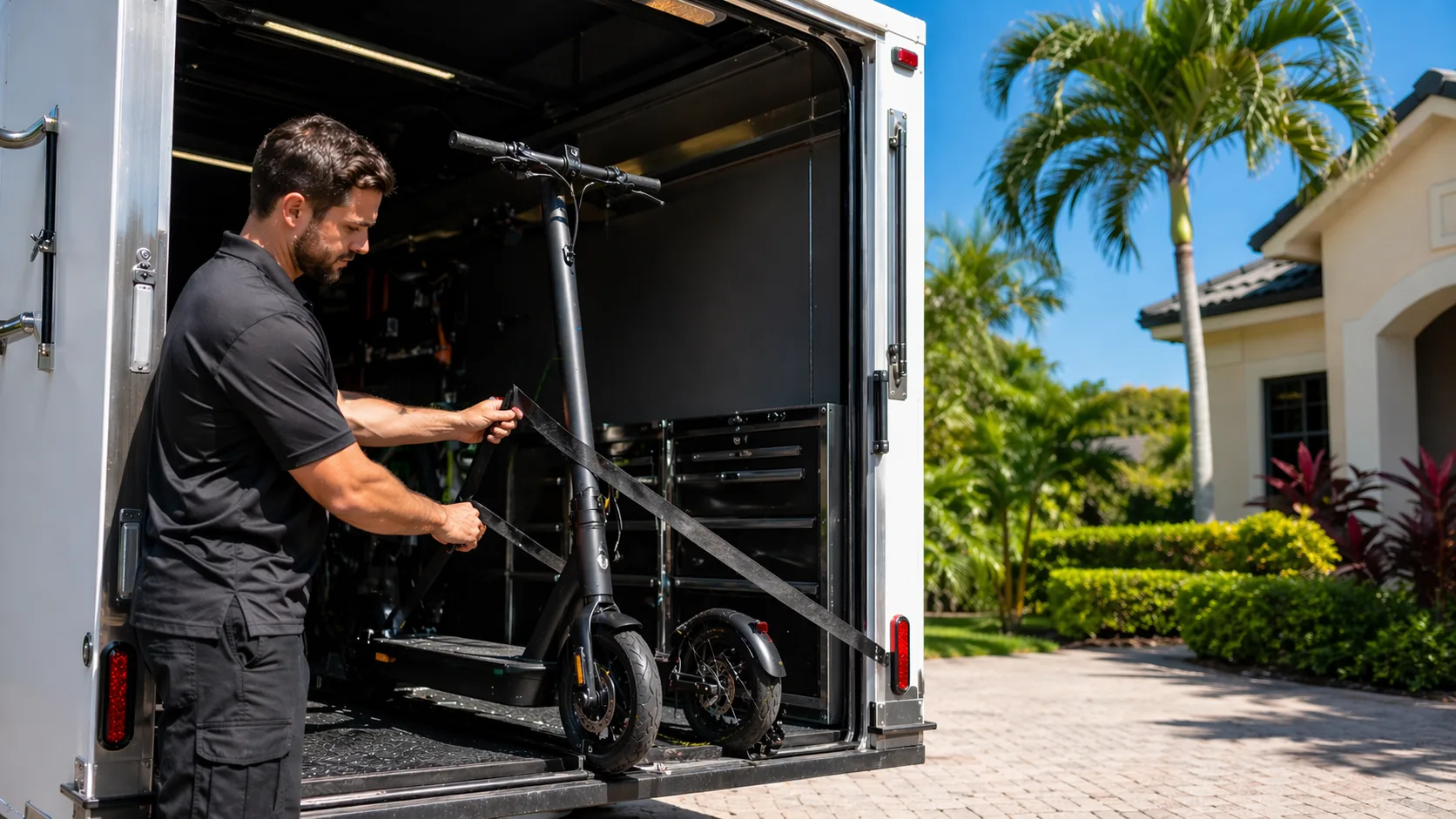 Scootermotion technician carefully carefully loading a customer's electric kick scooter for transport from a Florida driveway with palm trees in the background